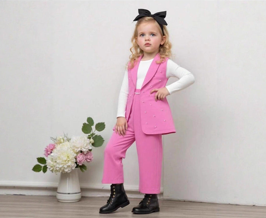 Girls' three-piece set: pink beaded blazer