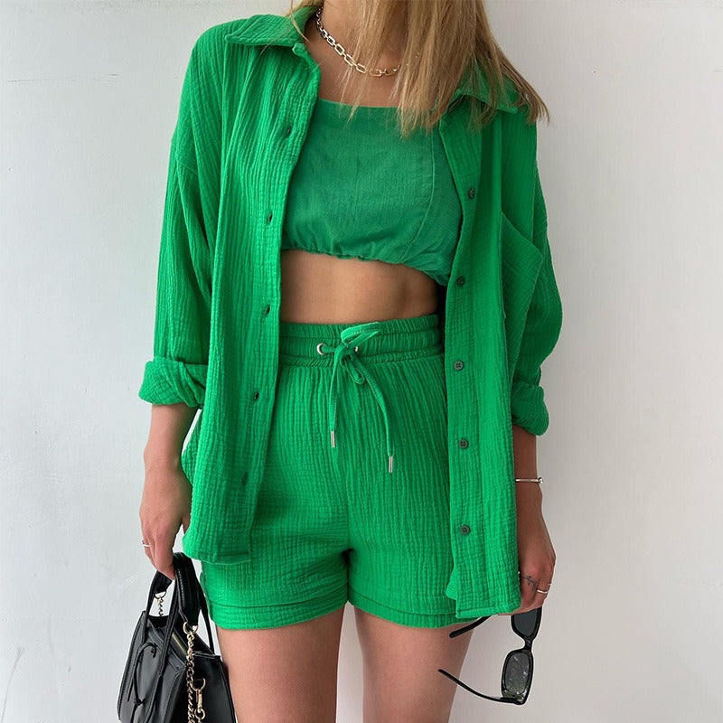 Wrinkled collar long sleeved shirt high waisted drawstring shorts two-piece set