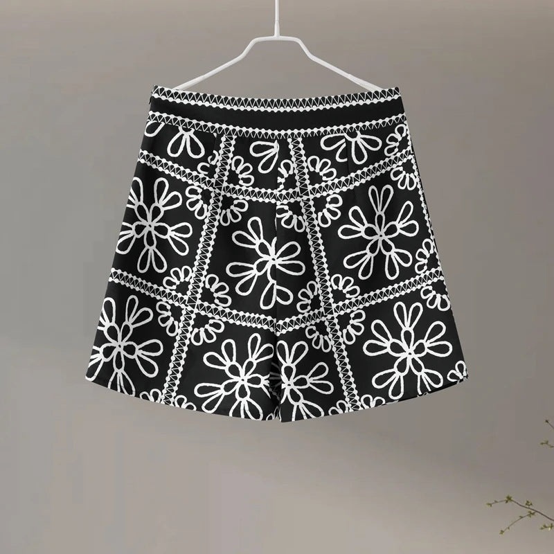 Fashion Casual Print Color-block Cotton Coat Shorts Set