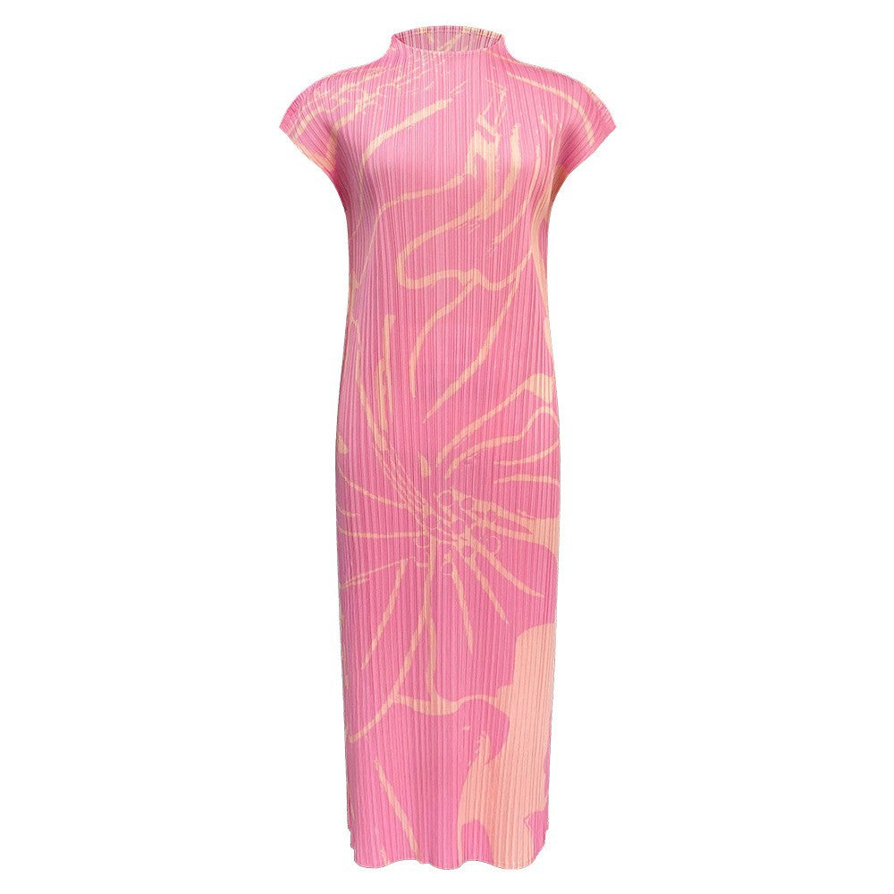 Summer new gentle pink temperament slim waist small sleeves printed pleated temperament dress for women