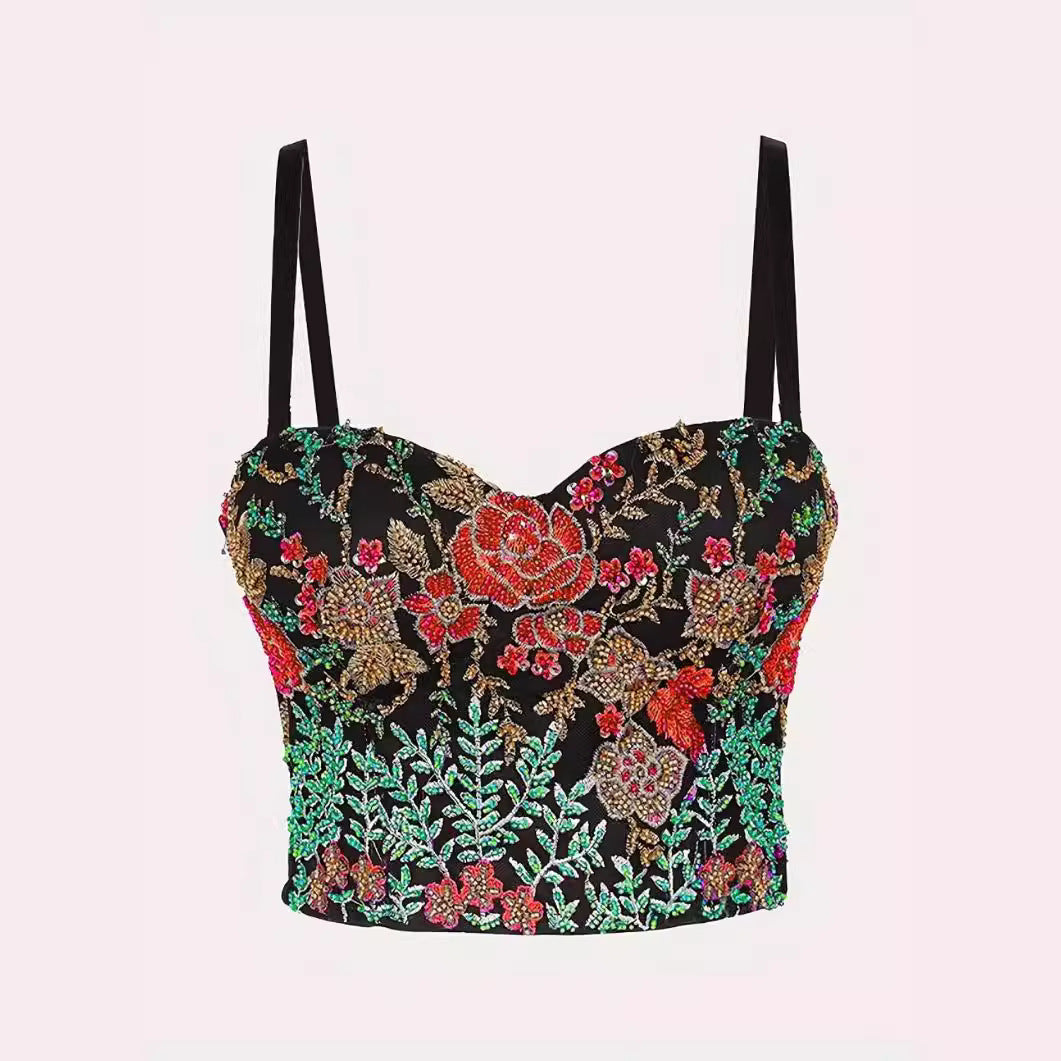 Sexy Spaghetti Strap Bustier with Color Block Embroidery and Boning for Women