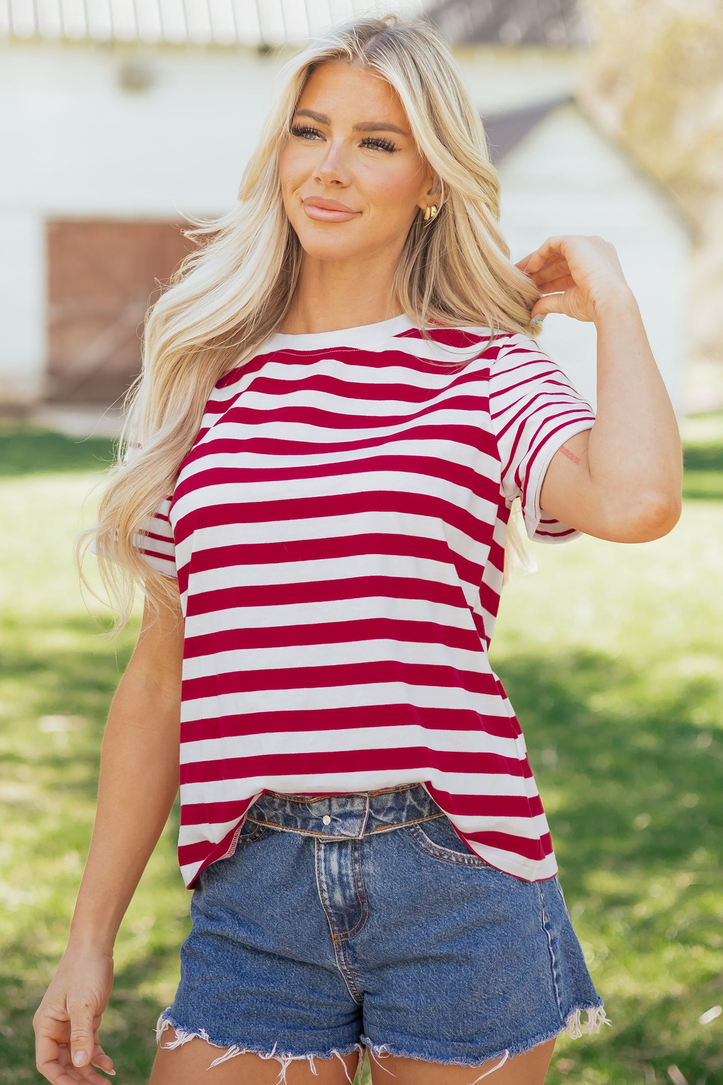 Rood gestreept patchwork T-shirt met ronde hals