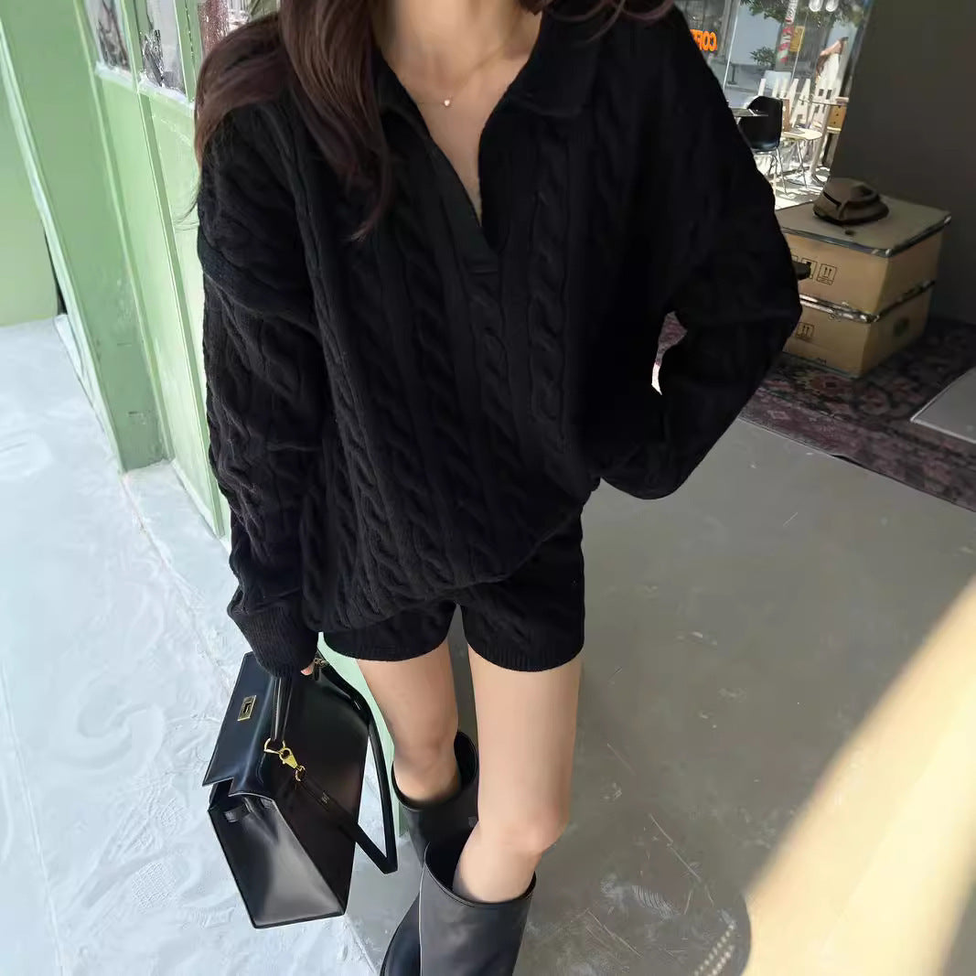 Revers Afslankend Los Casual Kabelgebreide Trui Shorts Modepak