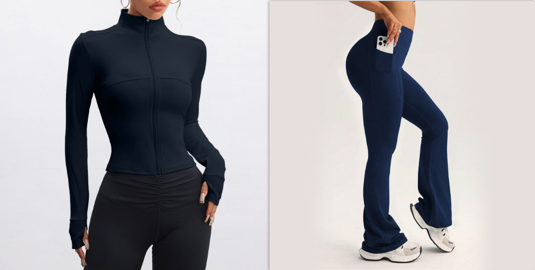 Opstaande kraag lange mouwen ritsjas broek met hoge taille wijde pijpen set