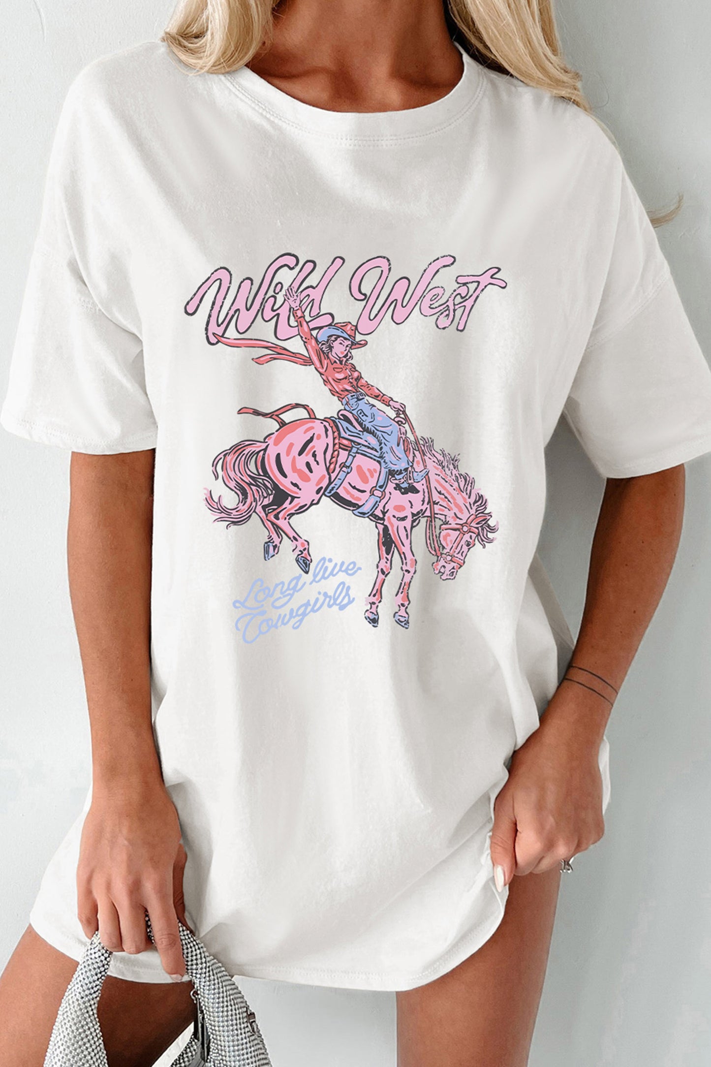 Witte Oversized Wild West Cowgirl Rodeo T-shirt met Grafische Print
