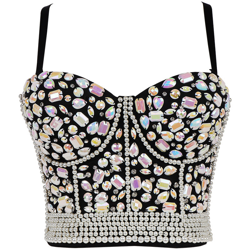 Rhinestone Beaded Fitted Bustier Bralette Camisole Small Strap