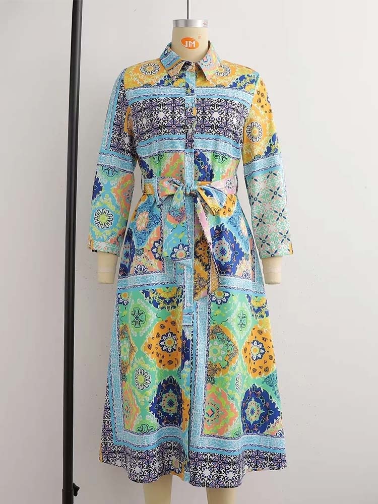 Woman Dress New Fashion Print Boho Elegant Dresses For Women Vintage With Belt Casual Female Party Dresses