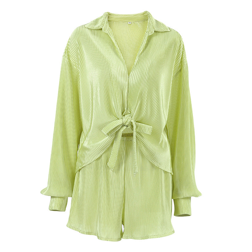 Slim Pleated Green Cardigan Sleepwear Set, Loose Casual Long Sleeve Short Pants Women's Loungewear