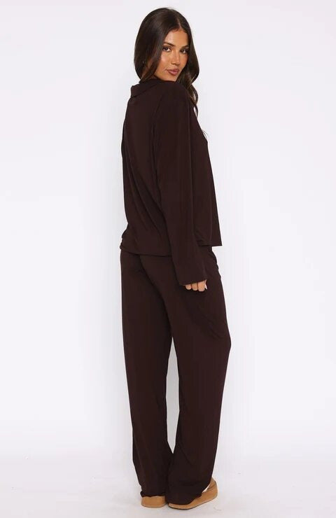 Women Modal Lapel Collar Long Sleeve Sleepwear Set