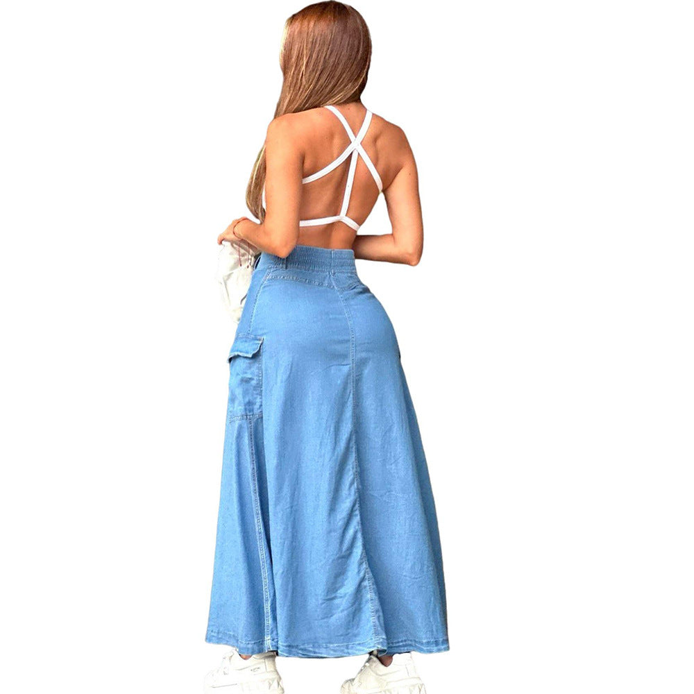 Women's High-Waisted Midi Skirt Fashion Single-Row Button Front Slit Large Pocket Denim Skirt