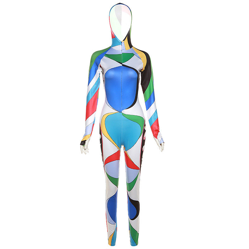 Hooded jumpsuit met lange mouwen duimgaten rits en patchworkprint