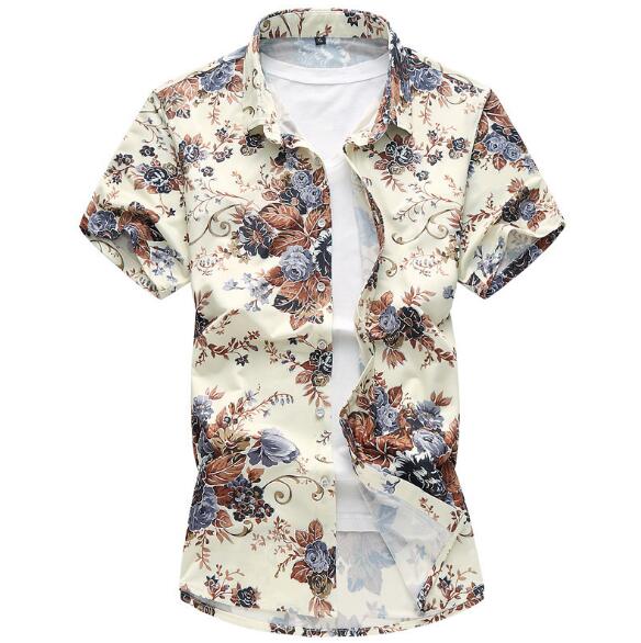 High quality silk cotton men's shirt summer fashion printed casual shirt short sleeve slim business men's shirt size M-7XL