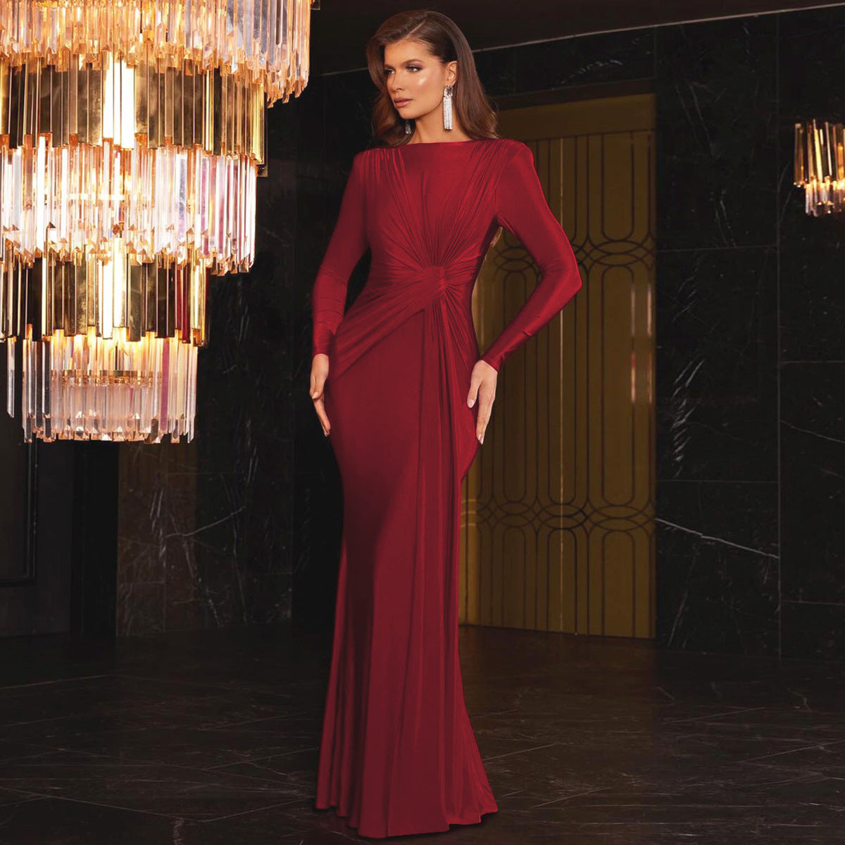 Elegant Long Sleeve Knot Solid Color Dress for Autumn and Winter