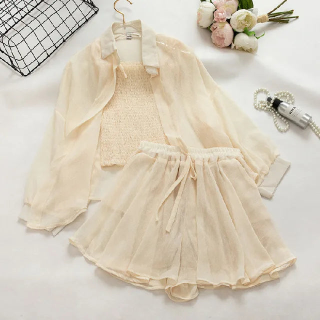 Three piece suspender top sun protection top chiffon jacket for women