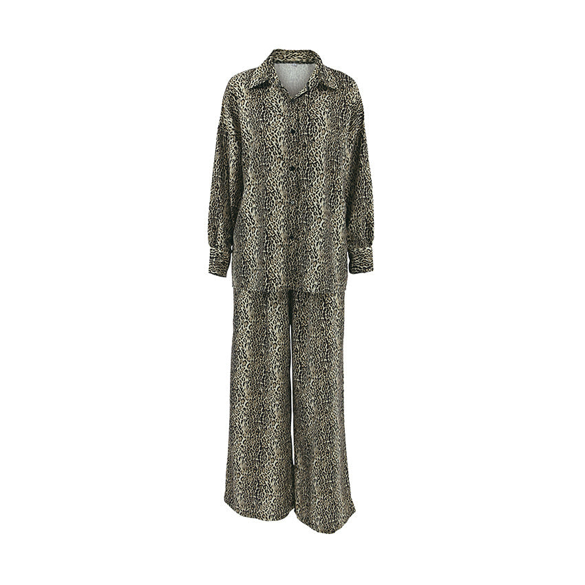 Style Summer Open Front Imitation Silk Leopard Print Long Sleeve Long Pants Loungewear Women's Fashion Loose Ice Silk Pajamas