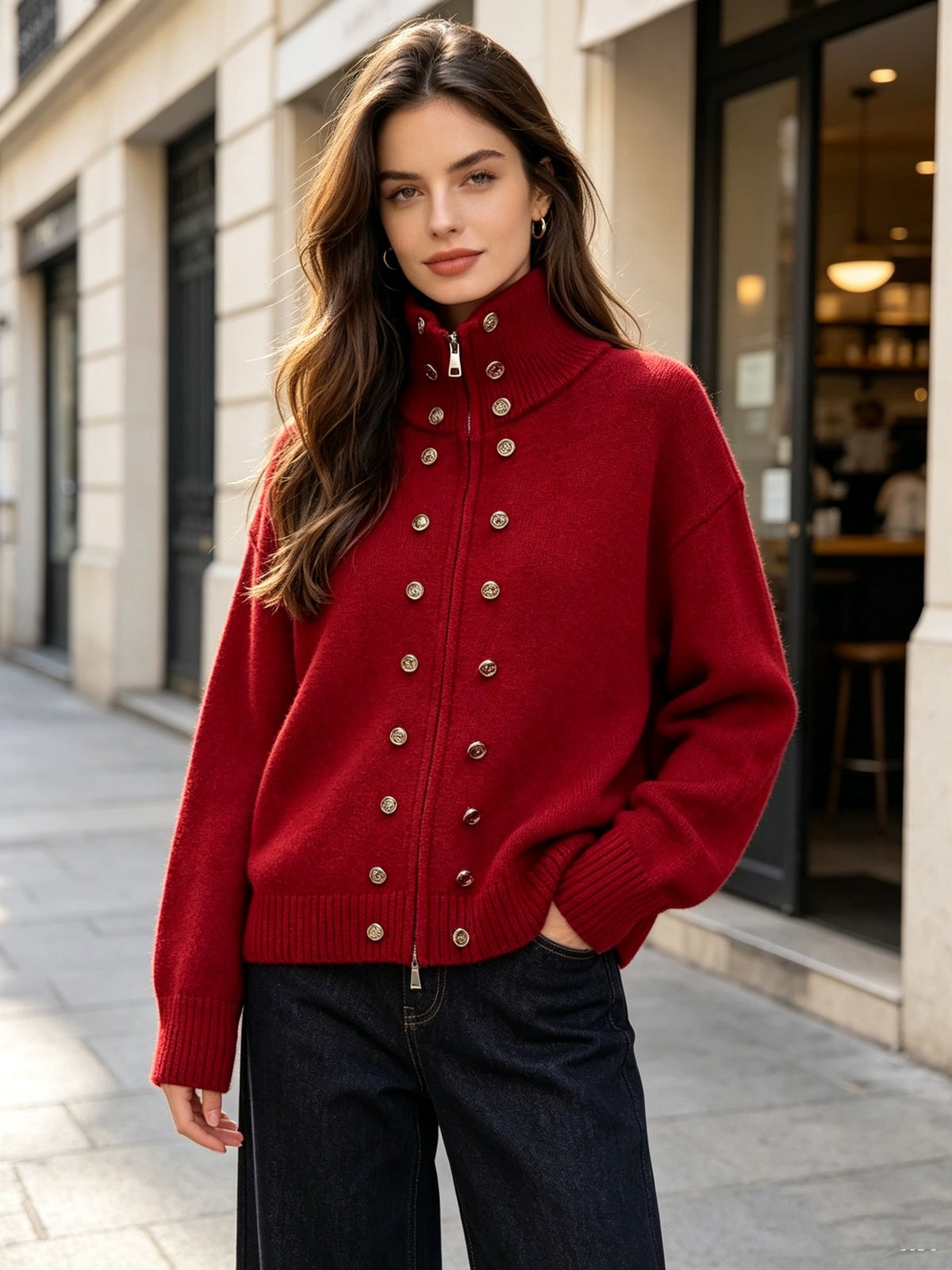 button-decorated knitted zipper cardigan sweater coat