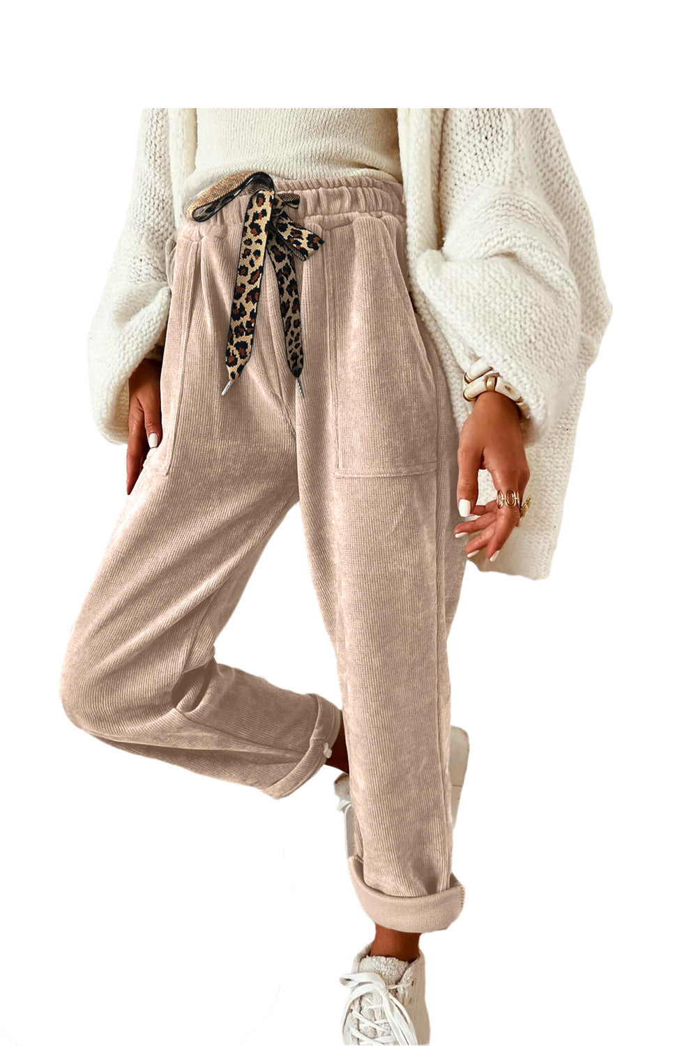 Gray Morn Corduroy Leopard Broek met hoge taille en trekkoord