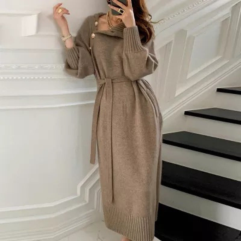 Retro Dress High Collar Knitted Waist-Cinching