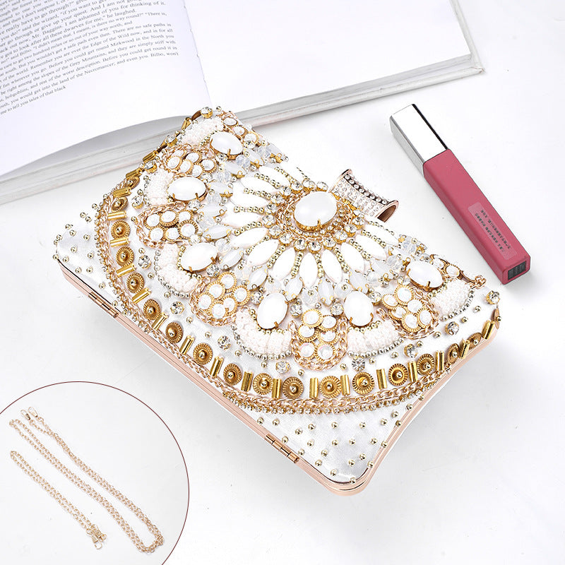 Cross-Mirror New Bead Embroidered Evening Bag, Hand-Beaded Women's Hand-Held Wedding Bag, Diamond-Encrusted Banquet Rhinestone Evening Bag