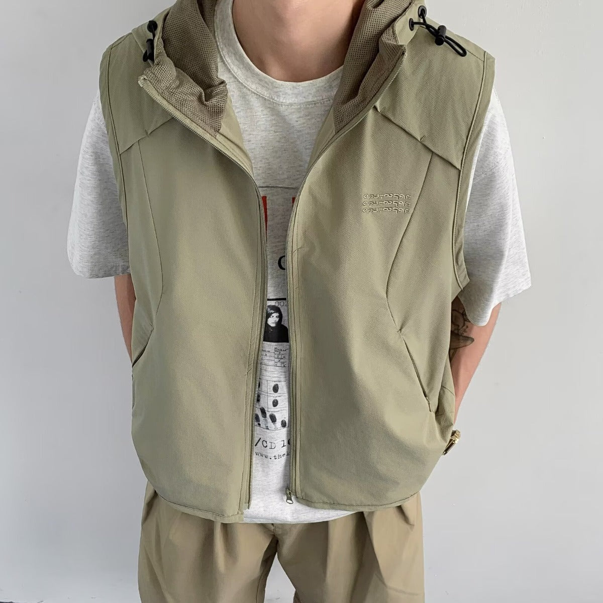 Hooded vest men's summer loose and versatile zipper pocket camisole jacket