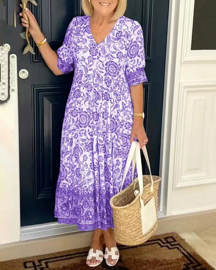 Chic Commuter Long Floral Tie-Dye Print Plus Size Loose Versatile Dress for Women