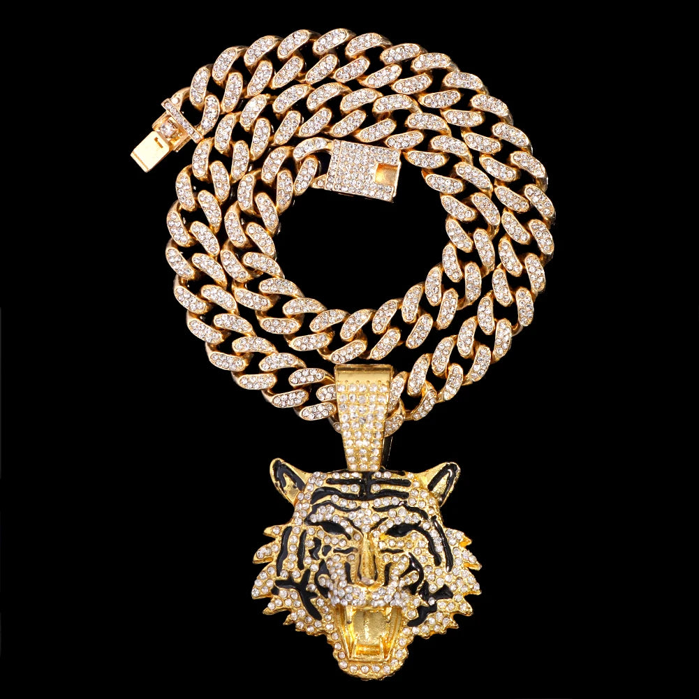Punk Hip Hop Iced Out Kristallen Tijger Hanger Ketting Chunky Miami Cubaanse Schakel Unisex