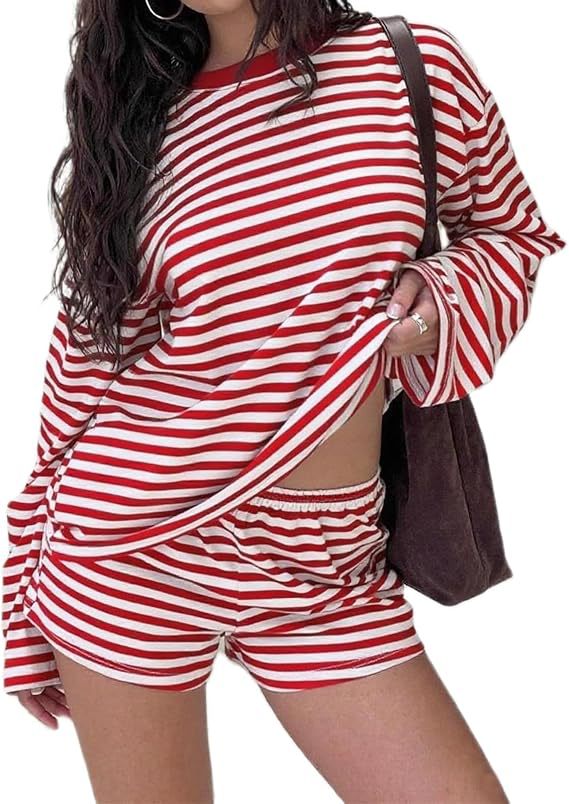 Dames gestreepte short en T-shirt met lange mouwen tweedelig setje