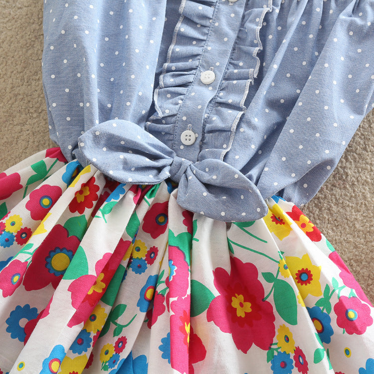 Floral pure cotton girls' polka dot embroidered short sleeved dress