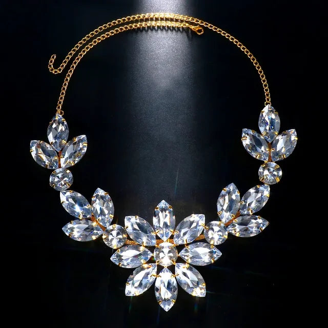 Flower Pendant Exaggerated Rhinestone Necklace Wedding for Women Statement Chain Large Crystal Collar Choker Party Jewelry