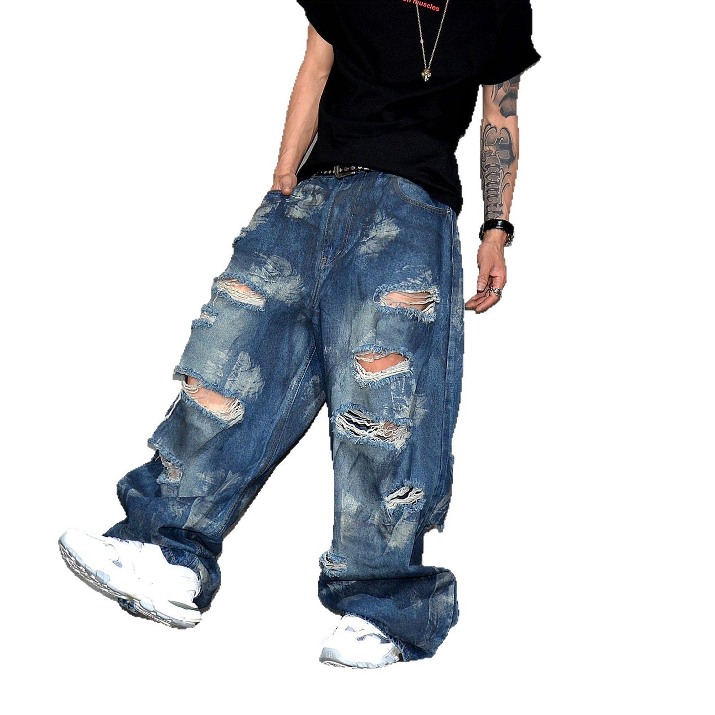 Retro distressed distressed heavy-duty wide leg loose jeans