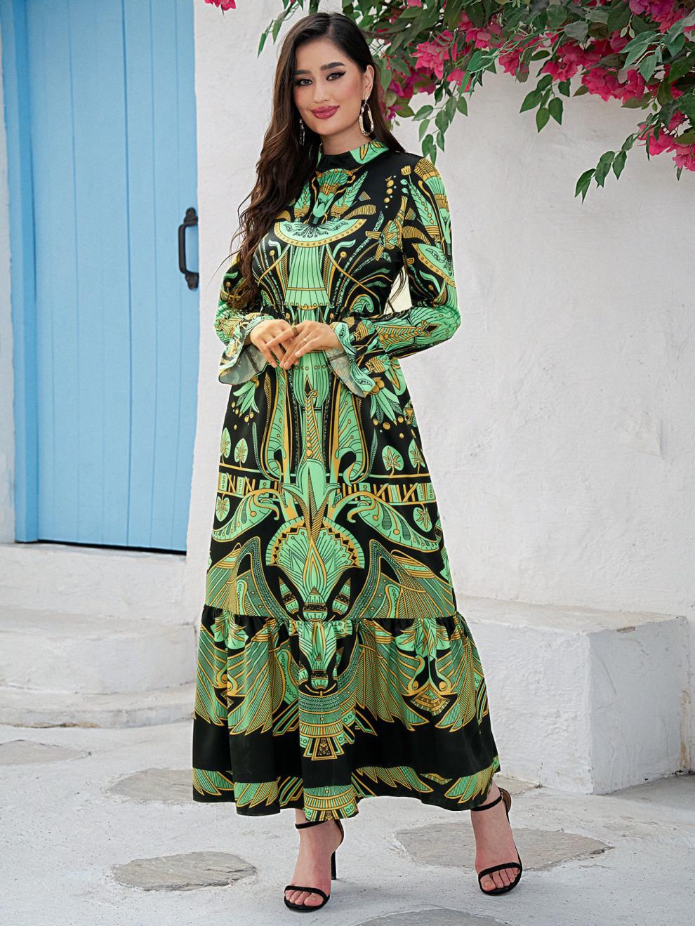 Summer New Middle Eastern Casual Fashion Women's Round Neck Positioning Printed Long Sleeve Long Skirt