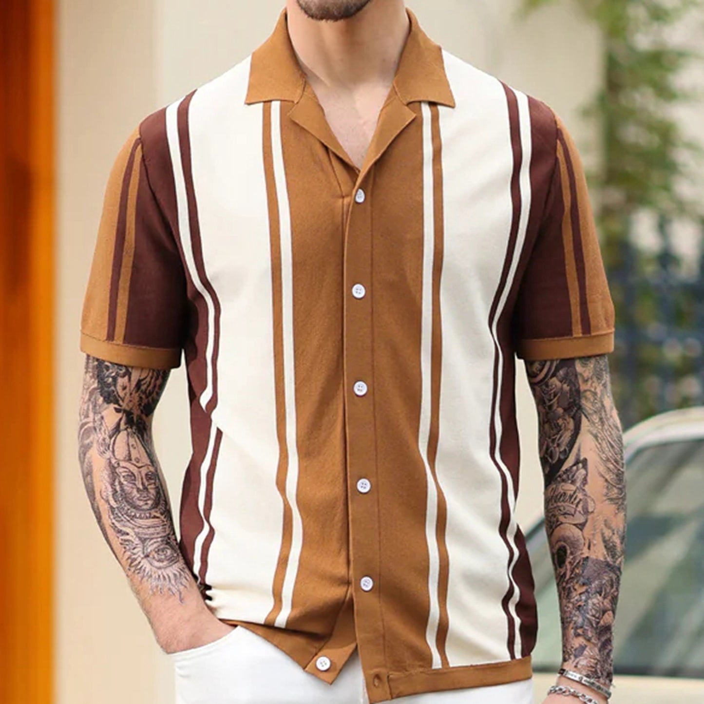 Summer patchwork contrasting knit shirt with lapel business polo shirt Father's Day gift