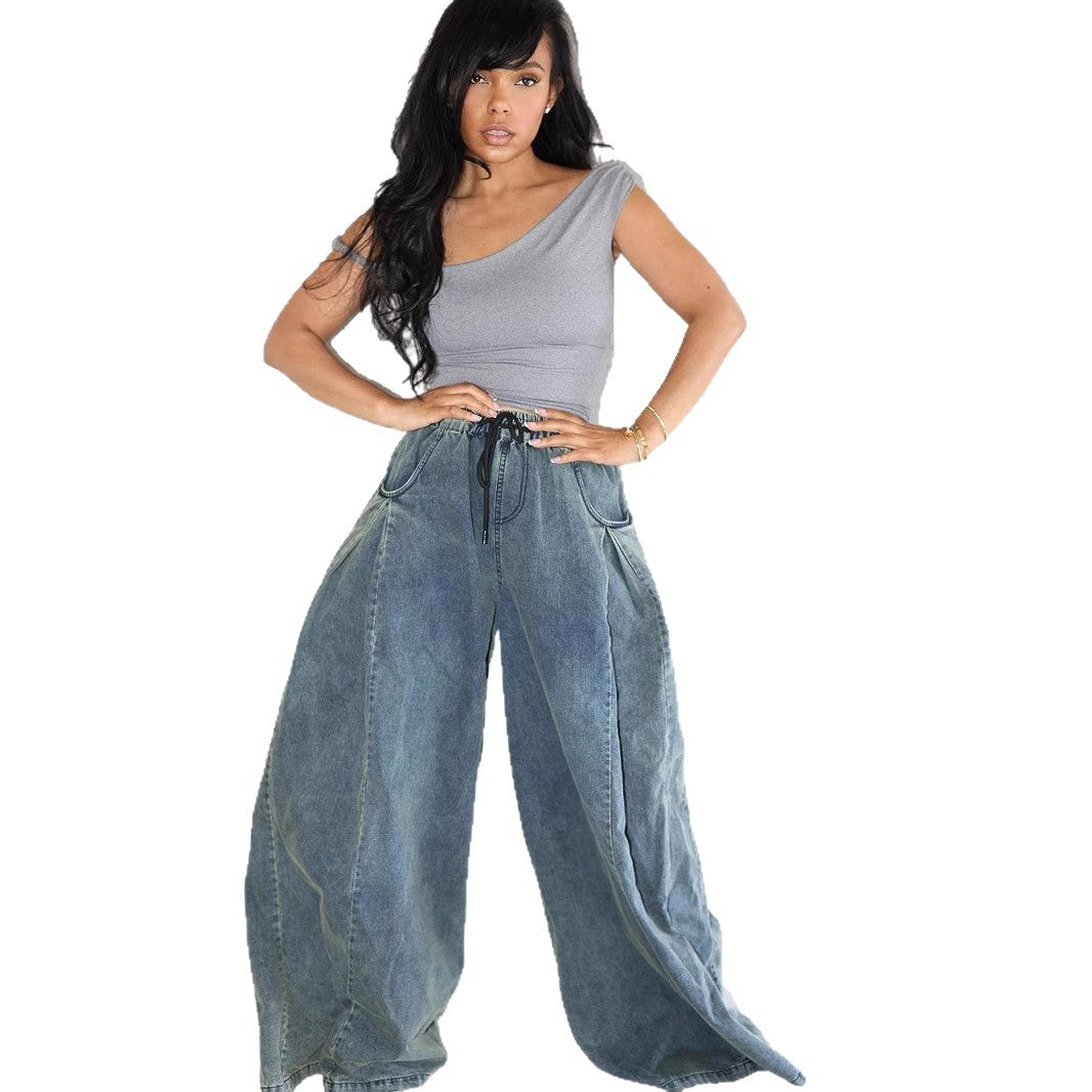 Casual Women's Straight Leg Jeans with Elastic Waist and Drawstring, Street Fashion StyleDenim Pants