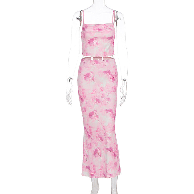 Print Sexy Backless Hip-hugging Slim Two-piece Set