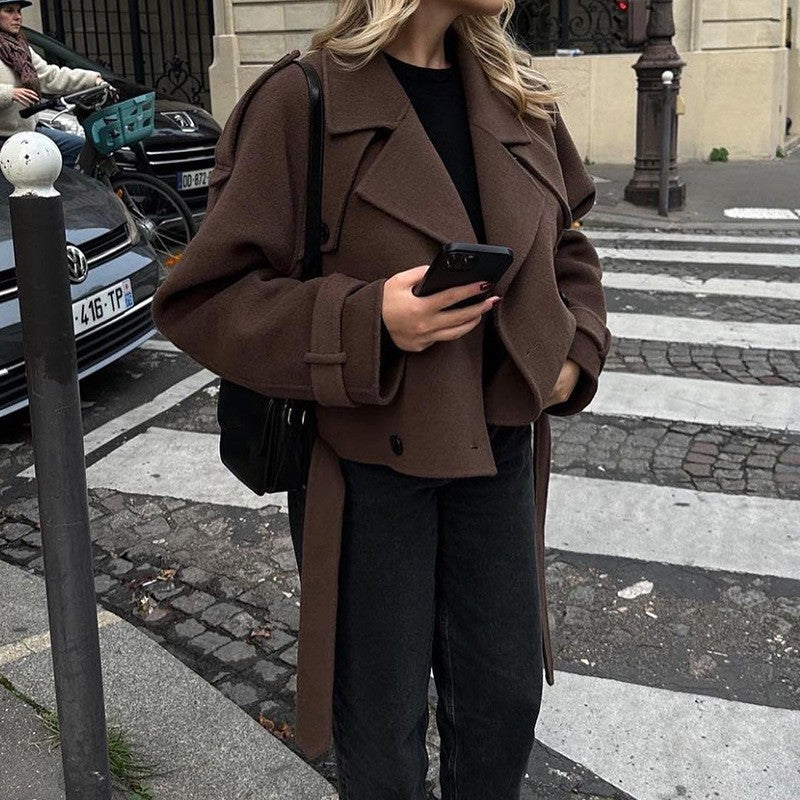 Womens Woolen Lapel Coat Short Belted Jacket
