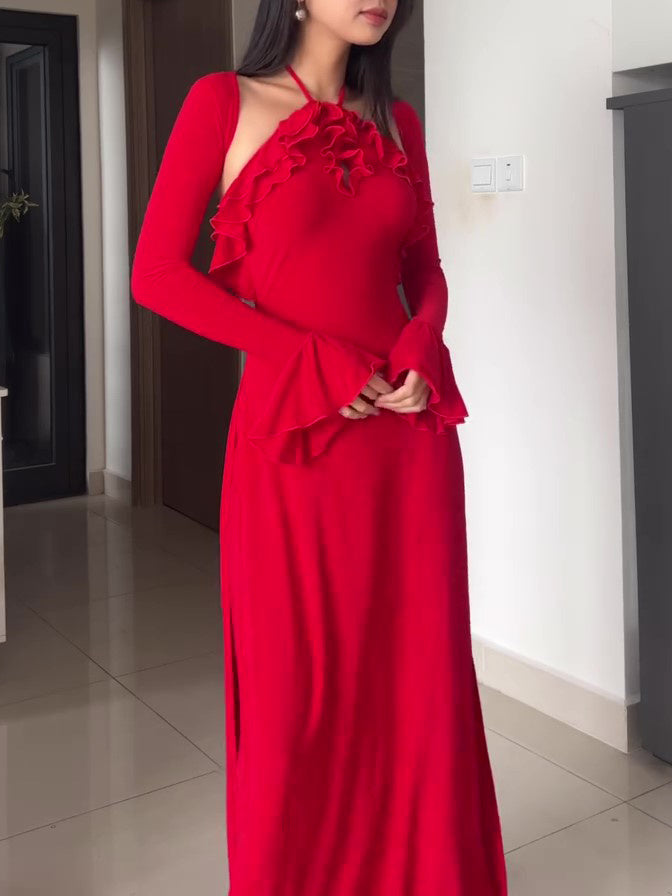 Driedelig rood geplooid halternek broekpak