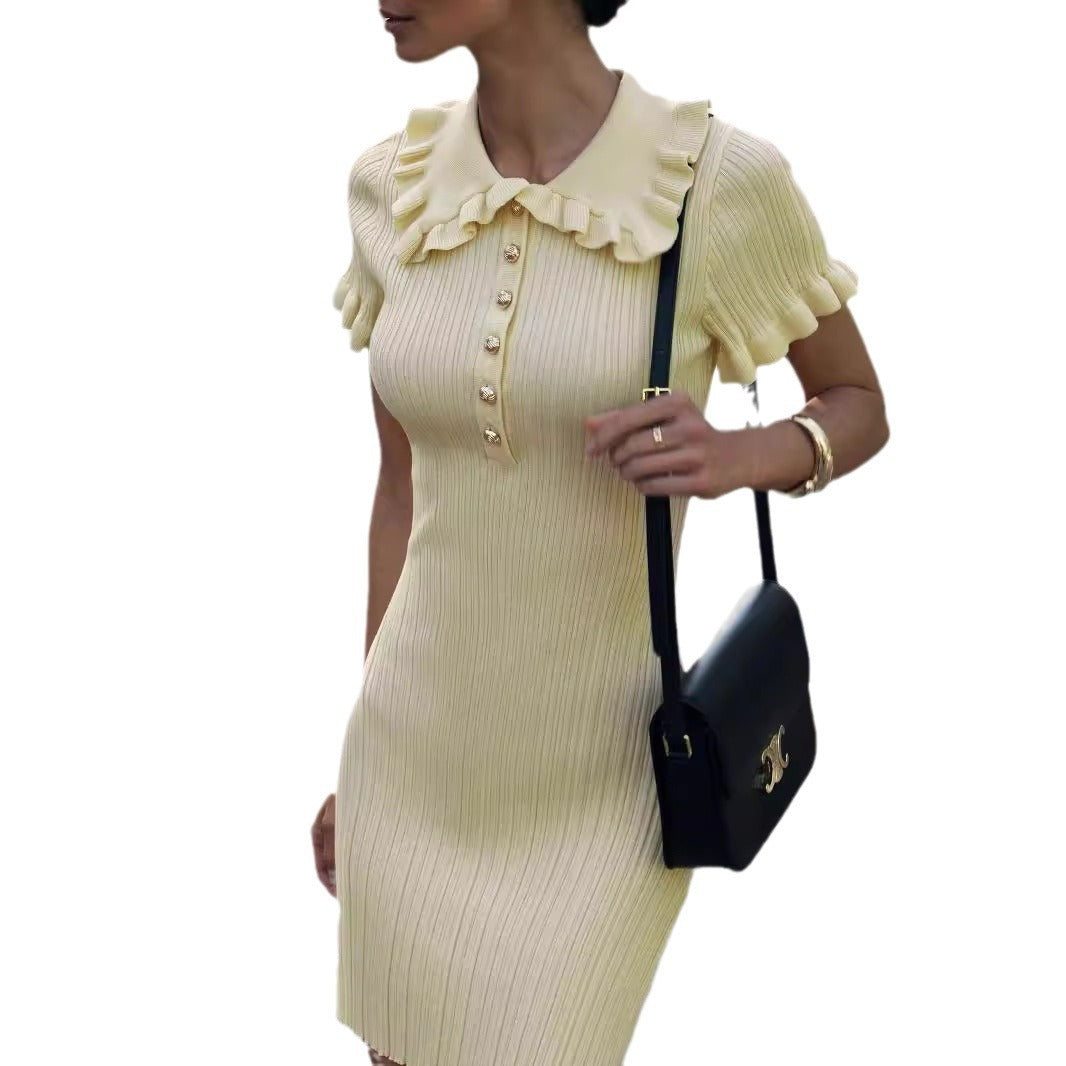 Lotus leaf edge dress, summer retro French European and American Hepburn style tight knit dress