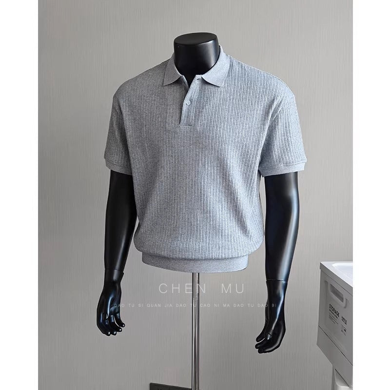Polo Shirt Men's Short Sleeve Henley Collar Embossed T-Shirt