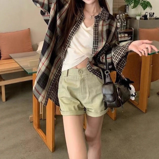 Retro Color-Block Plaid Shirt Women Loose Lazy Style Spliced Design Long Sleeve Sunscreen Blouse