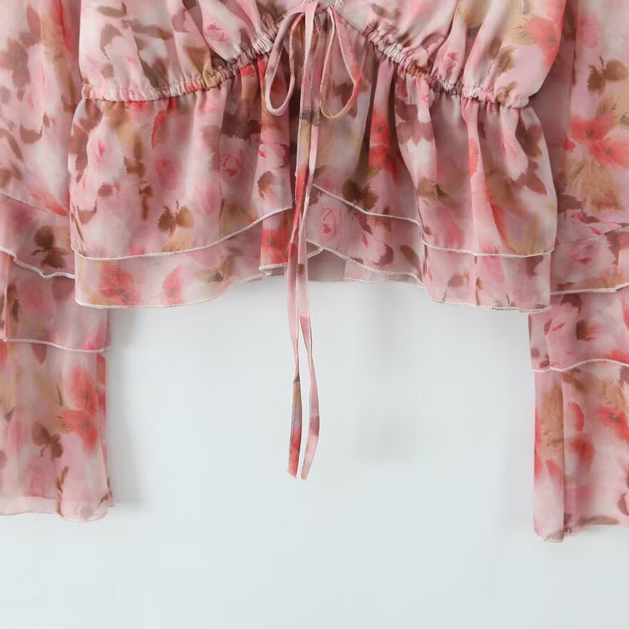 New Women's Fashionable Chic French Flared Sleeve Tie-Print Blouse