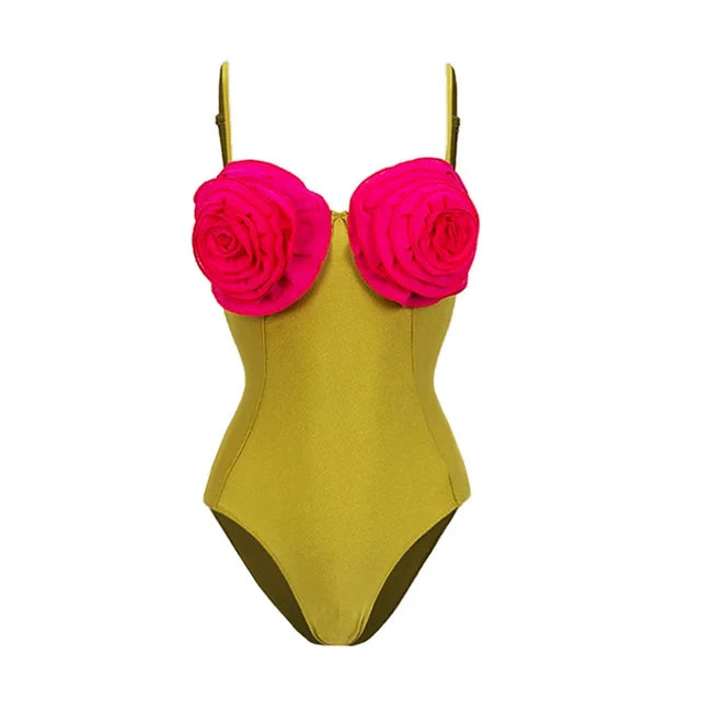 Women Swimwear Color Block 3D Flower One Piece Swimsuit and Skirt Bikini Sets Beachwear Bathing Suit