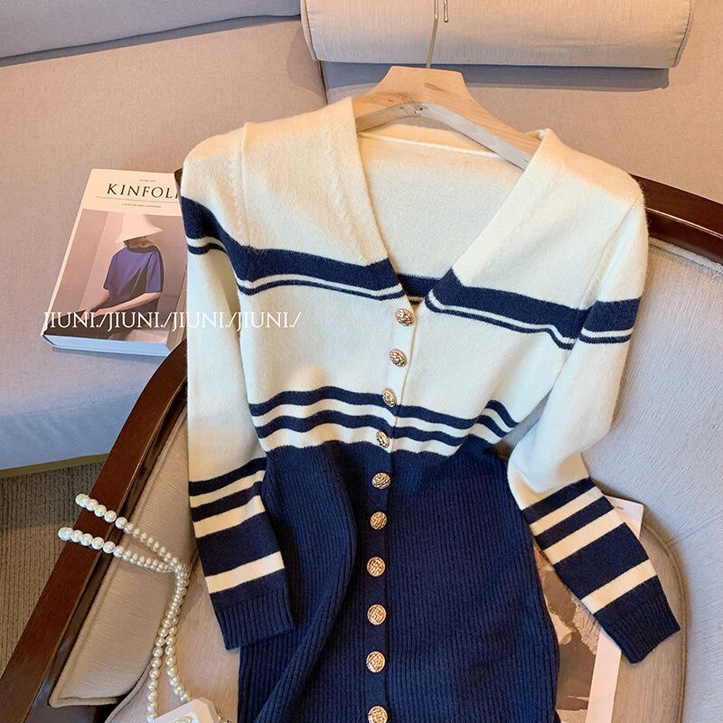 Women Black And White Single Breasted V-Neck Knitting Mini Dress Slimy Bodycon Party Night Sweater Dresses