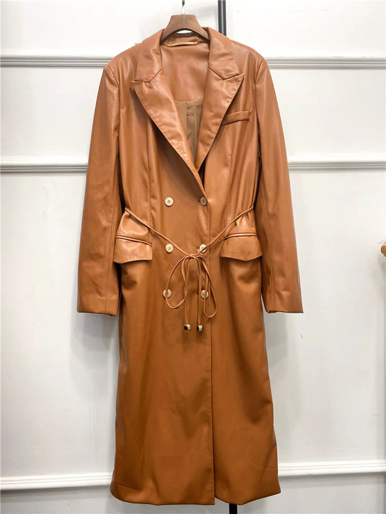 Luxe trenchcoat van PU-leer voor dames met vetersluiting in de taille