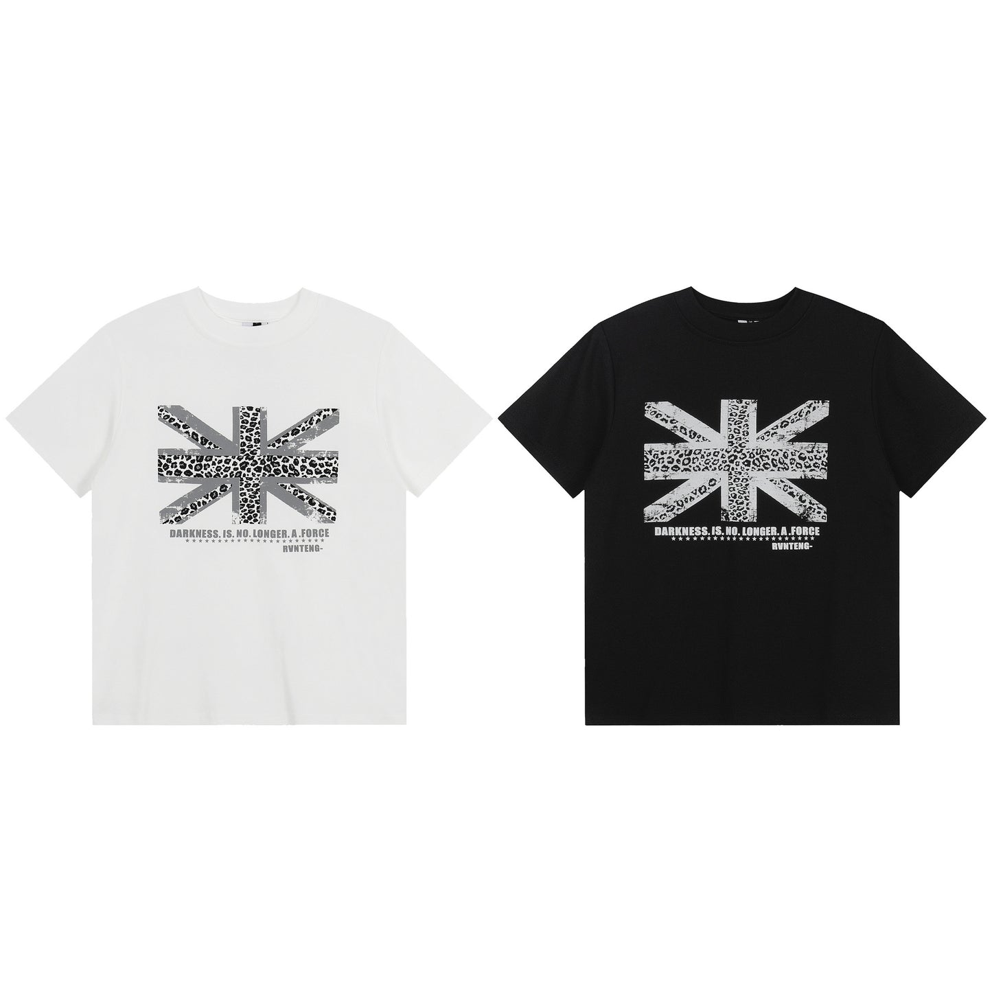 Leopard Print Union Jack Pattern Short Sleeve T-Shirt Retro Loose Fashion Unisex Top