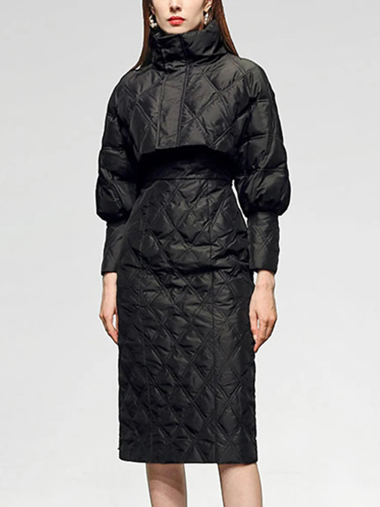 Solid Two Piece Sets For Women Stand Collar Lantern Sleeve Parka O Neck Sleeveless High Waist Dress Chic Set Female