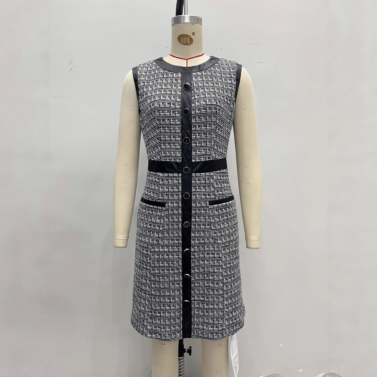 Vintage tweed mouwloos A-lijn rokjurk met leren afwerking