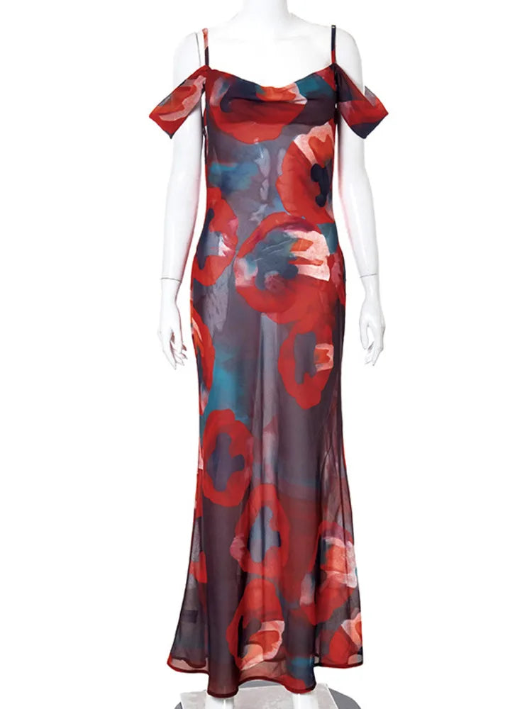 Women Summer Elegant Print Slip Mesh See Through Maxi Dress Beach Holiday Sleeveless Party Dresses Vestidos