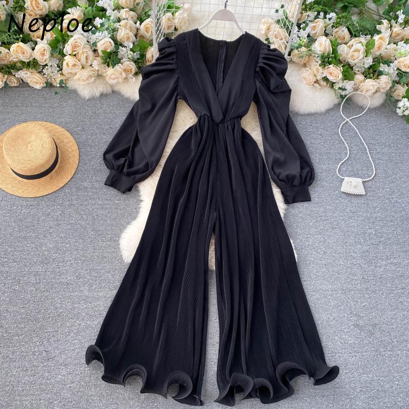 Vintage sexy jumpsuit met V-hals plooien en wijde pijpen