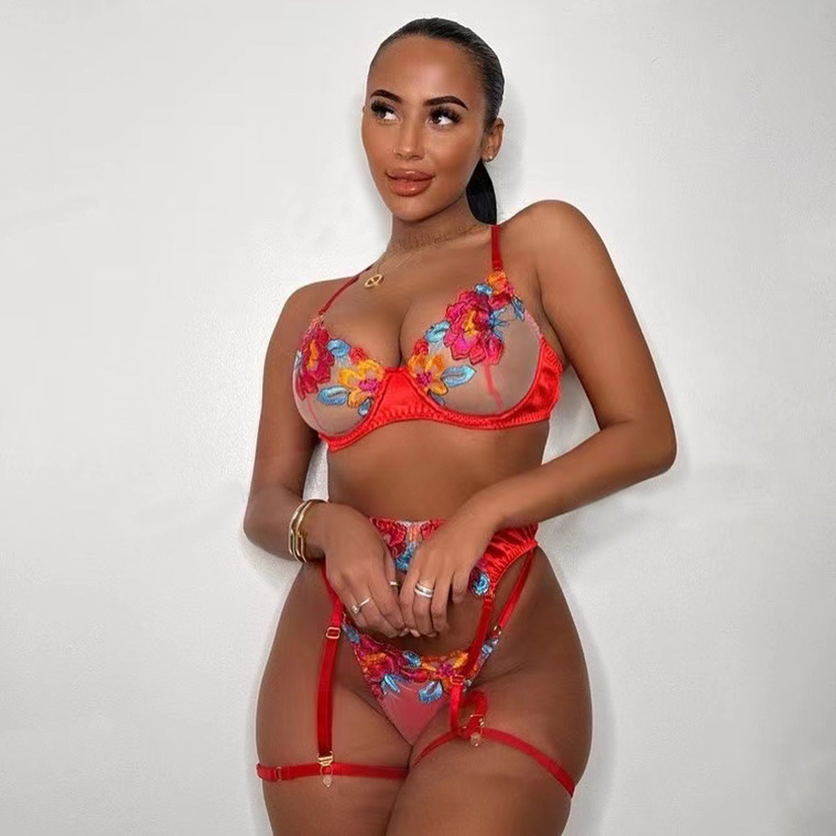 Sexy Three Piece Set Of Cross-Border Explosive Embroidery Large Flower Satin Stitching High-End Complex Craft Underwear