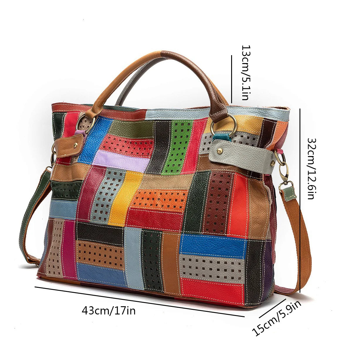 Grote handtas van rundleer met geometrisch print